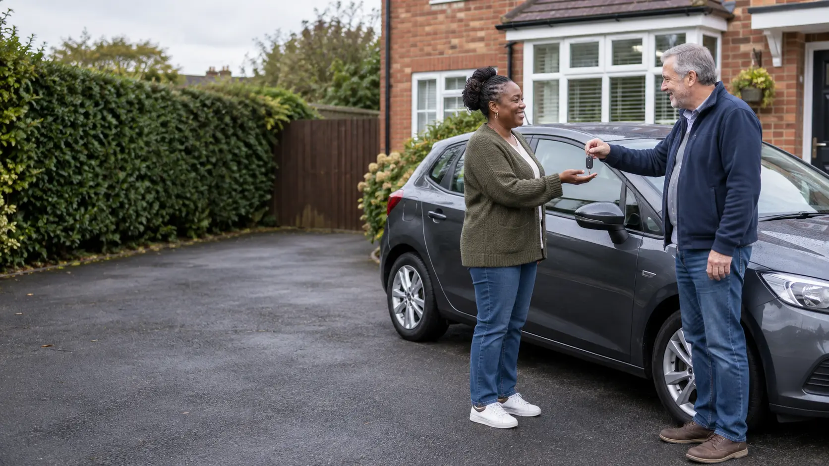 Two adults handing over car keys beside a family hatchback on a British driveway